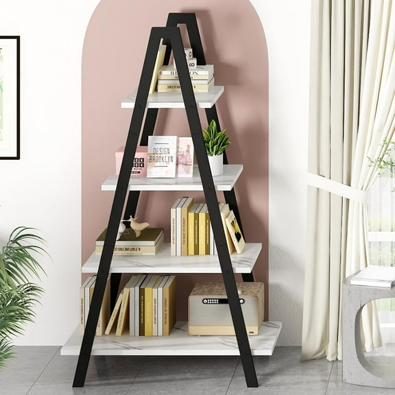 LinkRomat 4-Tier Ladder Bookshelf, Standing Bedroom Ladder Shelf, Open Display Shelves, Plant Stand Shelf Indoor, MDF Bookshelves for Living Room, Office, Small Spaces