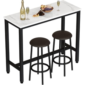 LinkRomat 47.2" Bar Table Set for 2,Faux Marble Pub Height Table with 2 Upholstered Stools,Compact Dining Table Set for Living Room,Kitchen,Bar,White & Brown