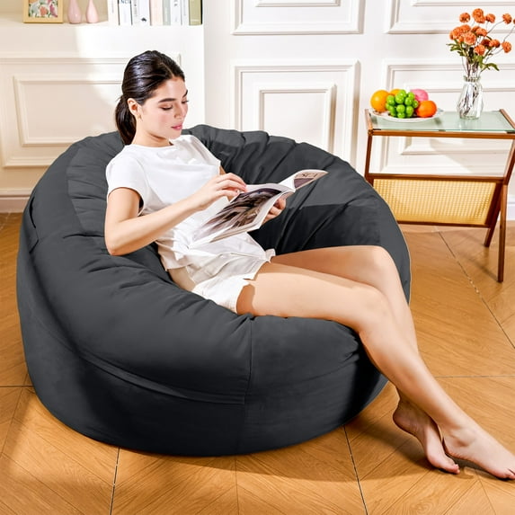 4FT Bean Bag Chair, Minimalist Bean Bag with Velvet Cover, Fluffy and Comfy Bean Bag for Adults, Bean Bag Sofa Filled with High-Density Sponge for Gaming (Black)