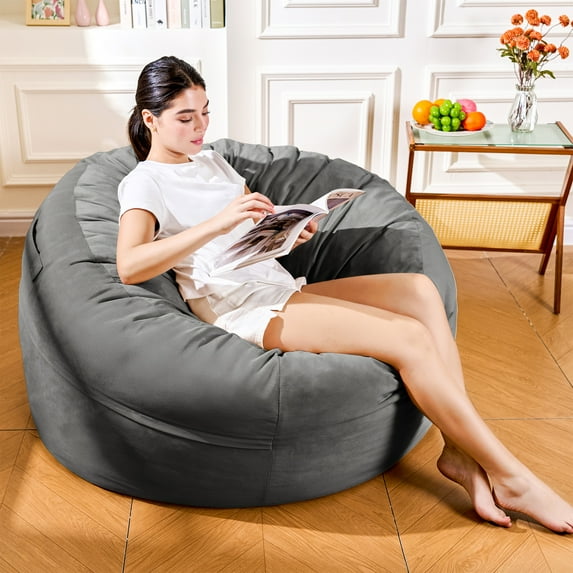 4FT Bean Bag Chair, Minimalist Bean Bag with Velvet Cover, Fluffy and Comfy Bean Bag for Adults, Bean Bag Sofa Filled with High-Density Sponge for Gaming (Grey)