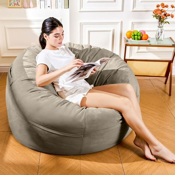4FT Bean Bag Chair, Minimalist Bean Bag with Velvet Cover, Fluffy and Comfy Bean Bag for Adults, Bean Bag Sofa Filled with High-Density Sponge for Gaming (Light Grey)