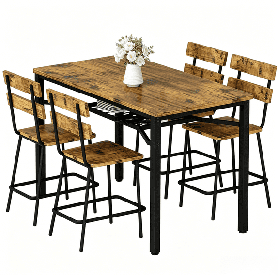 LinkRomat 5-Piece Dining Table Set for 4, Counter Height Kitchen Table with 4 Bar Stools, Hightop Bar Table and Chairs Set with Storage (Rustic Brown)