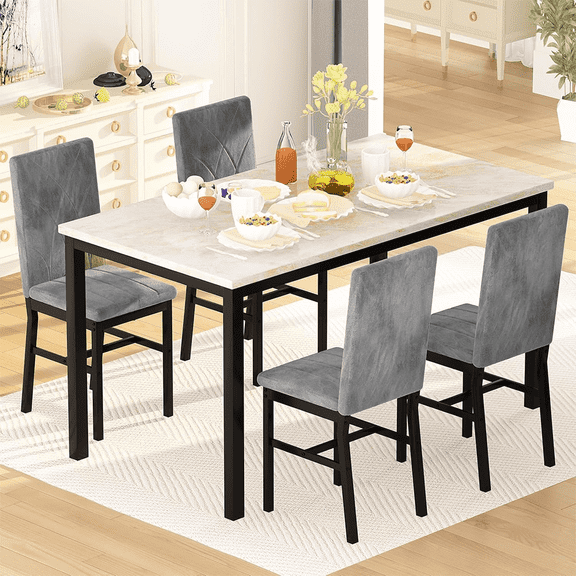 LinkRomat 5-Piece Dining Table Set, Minimalist Faux Marble Table with 4 Velvet Upholstered Chairs for Apartments and Small Kitchens, Grey