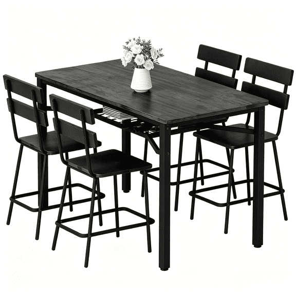 LinkRomat 5-Piece Dining Table Set for 4, Counter Height Kitchen Table with 4 Bar Stools, Hightop Bar Table and Chairs Set with Storage (Black)