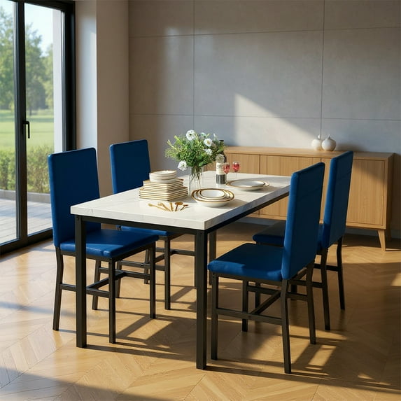 LinkRomat Dining Table Set for 4, Modern Faux Marble Kitchen Table with 4 Velvet Chairs, Space Saving Dinette Set for Dining Room, White & Blue