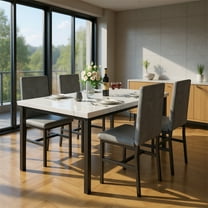 LinkRomat Dining Table Set for 4, Modern Faux Marble Kitchen Table with 4 Velvet Chairs, Space Saving Dinette Set for Dining Room, White & Grey