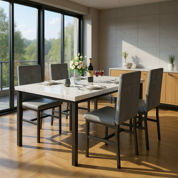 LinkRomat Dining Table Set for 4, Modern Faux Marble Kitchen Table with 4 Velvet Chairs, Space Saving Dinette Set for Dining Room, White & Grey
