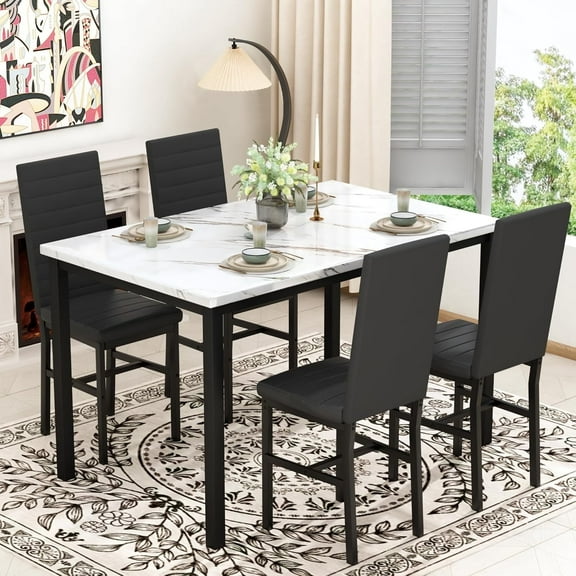 LinkRomat 5-Piece Faux Marble Dining Table Set, Rectangular Table and 4 PU Leather Chairs,Kitchen Table and Chairs for Dining Room,Living Room,Breakfast Nook Black