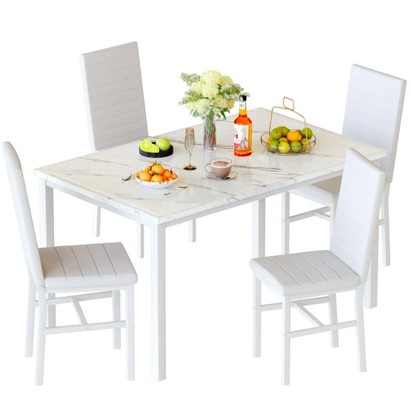 LinkRomat 5-Piece Faux Marble Dining Table Set, Rectangular Table and 4 PU Leather Chairs,Kitchen Table and Chairs for Dining Room,Living Room,Breakfast Nook (White Beige)