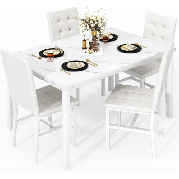 LinkRomat 5-Piece Faux Marble Dining Table Set for 4, Modern Kitchen Table with Chairs, Dinette Dining Room Furniture Set for Compact Space Saving
