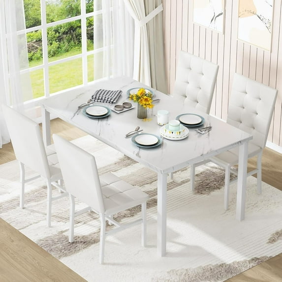 LinkRomat 5-Piece Marble Dining Table Set, Modern Kitchen Table and 4 Upholstered White PU Chairs for Dining Room, Dinette, Compact Space Saving Dining Furniture Set, Table Not Edging