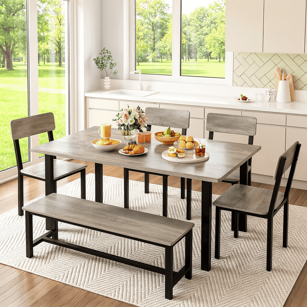 LinkRomat 6-Piece Dining Table Set for 6, Kitchen Table and Chairs with Bench, Modern Gray Wood Dining Room Set, Space Saving Small Dining Table for Apartment