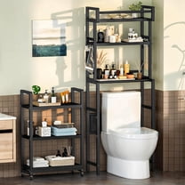 LinkRomat 6-Tier Farmhouse Bathroom Shelf, Over Toilet Organizer with Rolling Cart & 6 Hooks, Space Saving Storage Rack for Bathroom, Black