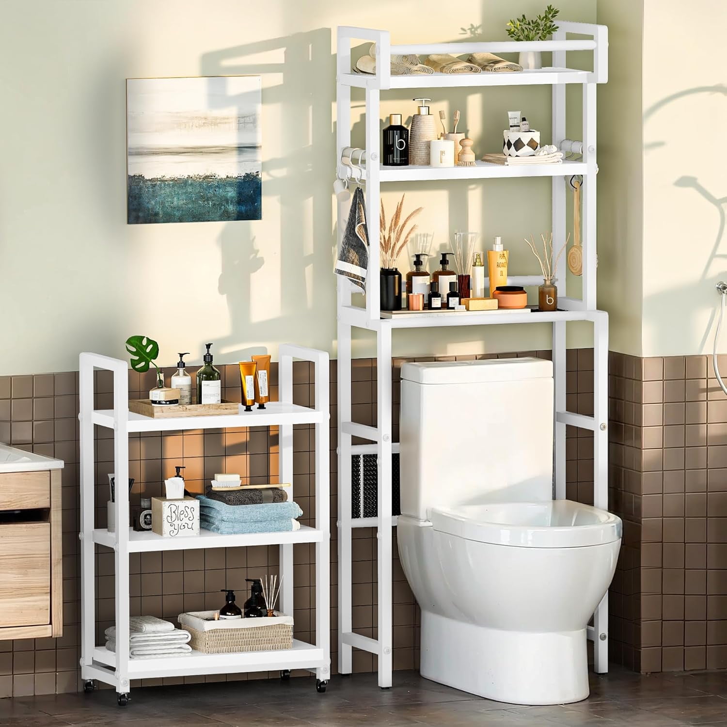LinkRomat 6-Tier Farmhouse Bathroom Shelf, Over Toilet Organizer with Rolling Cart & 6 Hooks, Space Saving Storage Rack for Bathroom, White