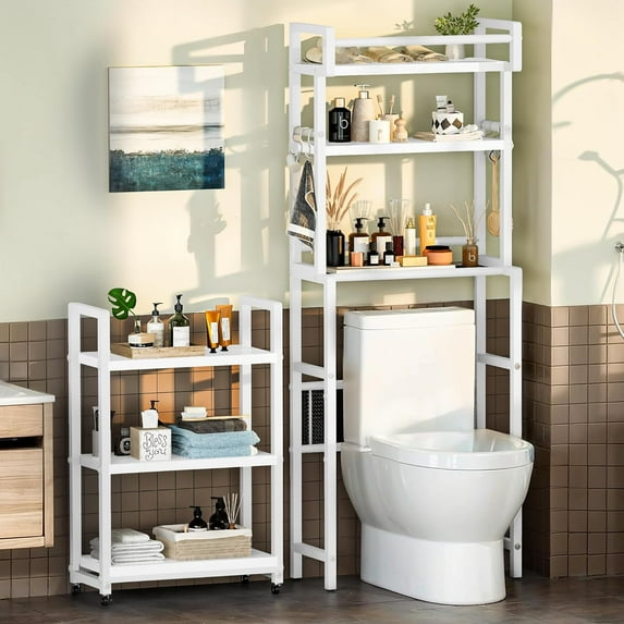 LinkRomat 6-Tier Farmhouse Bathroom Shelf, Over Toilet Organizer with Rolling Cart & 6 Hooks, Space Saving Storage Rack for Bathroom, White