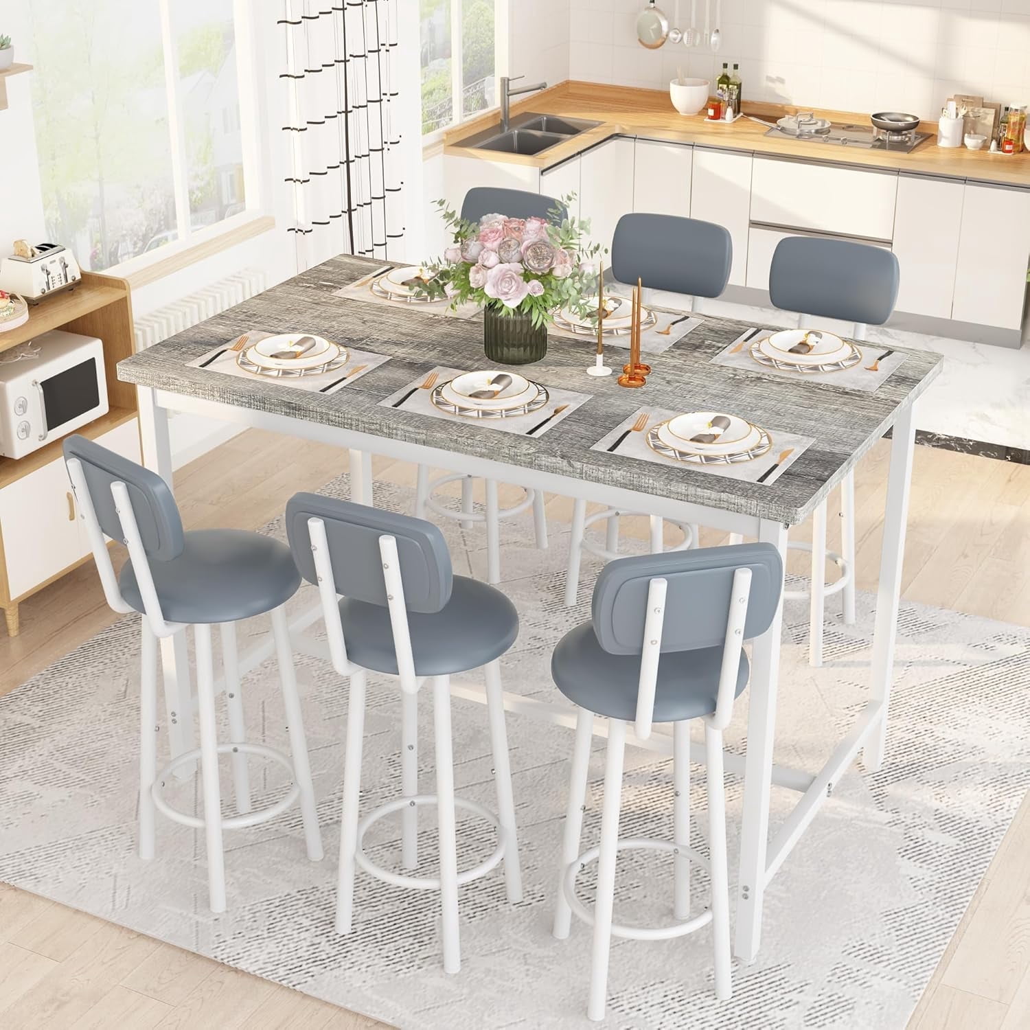 LinkRomat 7-Piece Dining Table Set for 6 with Faux Leather Chairs ...