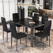 LinkRomat 7-Piece Glass Dining Table Set for 6, Modern Kitchen Table with PU Leather Chairs, Black Dining Room Table and Chairs Set for Small Space, Apartment