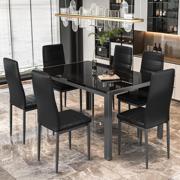 LinkRomat 7-Piece Glass Dining Table Set for 6, Modern Kitchen Table with PU Leather Chairs, Black Dining Room Table and Chairs Set for Small Space, Apartment