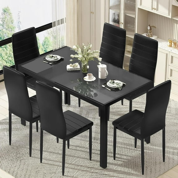 LinkRomat 7-Piece Glass Dining Table Set for 6, Modern Kitchen Table with PU Leather Chairs, Black Dining Room Table and Chairs Set for Small Space, Apartment