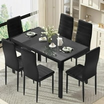 LinkRomat 7-Piece Glass Dining Table Set for 6, Modern Kitchen Table with PU Leather Chairs, Black Dining Room Table and Chairs Set for Small Space, Apartment