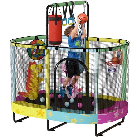 LinkRomat 7-in-1 60" Elliptic Trampoline for Kids, 500lbs Capacity Toddler Trampoline with Enclosure, Adjustable Height Handrail & Durable Designs for Boys & Girls, Indoor & Outdoor