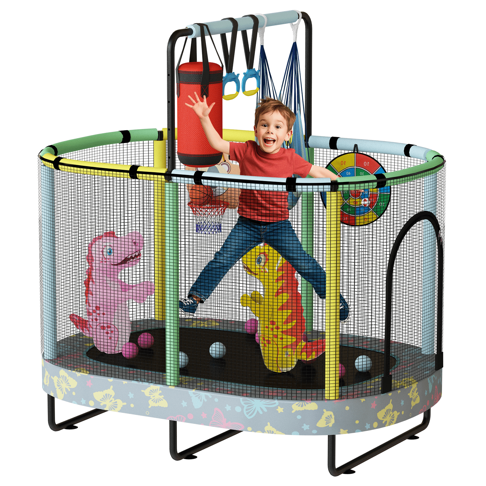 LinkRomat 7-in-1 60" Elliptic Trampoline for Kids, 500lbs Capacity Toddler Trampoline with Enclosure, Adjustable Height Handrail & Durable Designs for Boys & Girls, Indoor & Outdoor