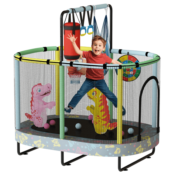 LinkRomat 7-in-1 60" Elliptic Trampoline for Kids, 500lbs Capacity Toddler Trampoline with Enclosure, Adjustable Height Handrail & Durable Designs for Boys & Girls, Indoor & Outdoor