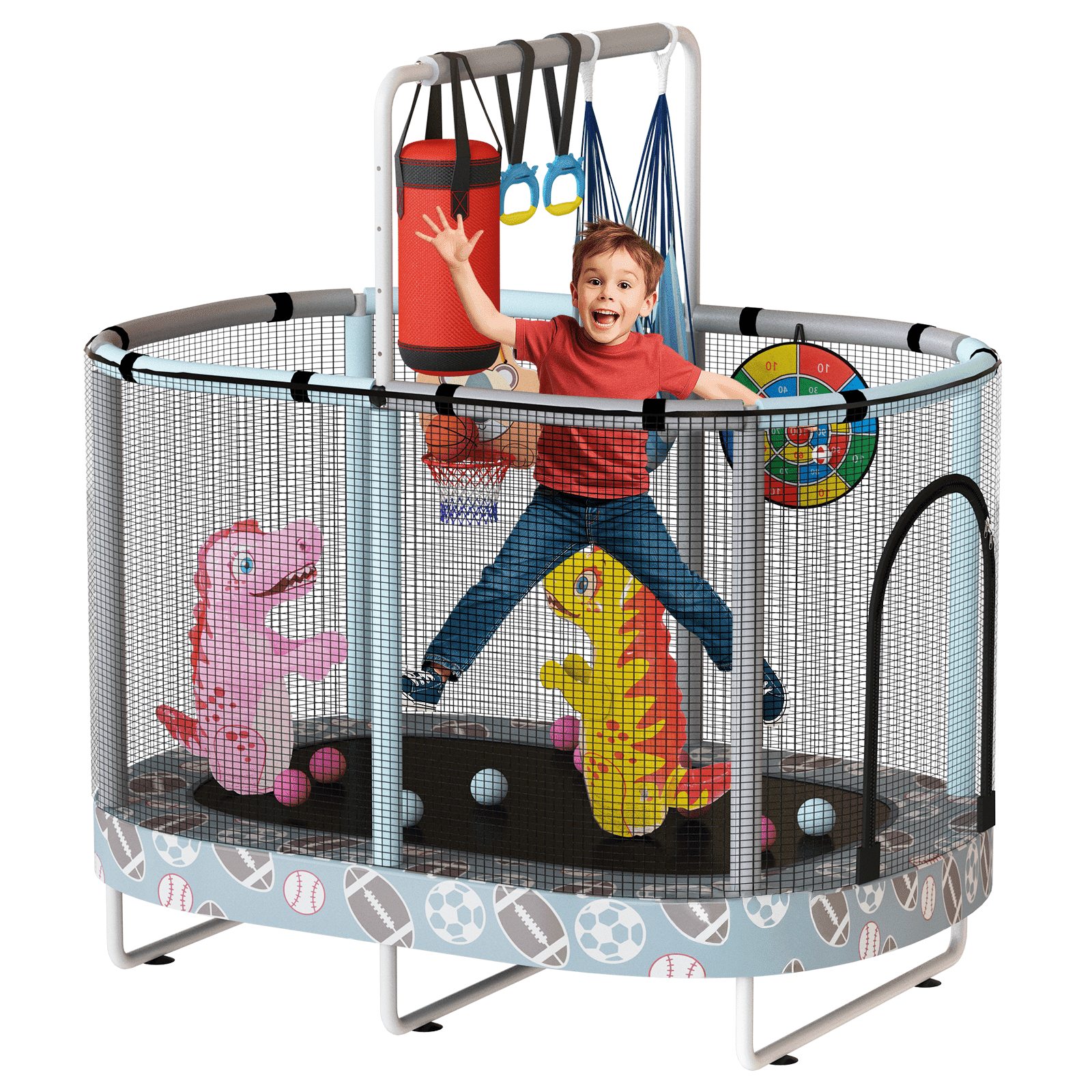 LinkRomat 7-in-1 60" Elliptic Trampoline for Kids, 500lbs Capacity Toddler Trampoline with Enclosure, Adjustable Height Handrail & Durable Designs for Boys & Girls, Indoor & Outdoor