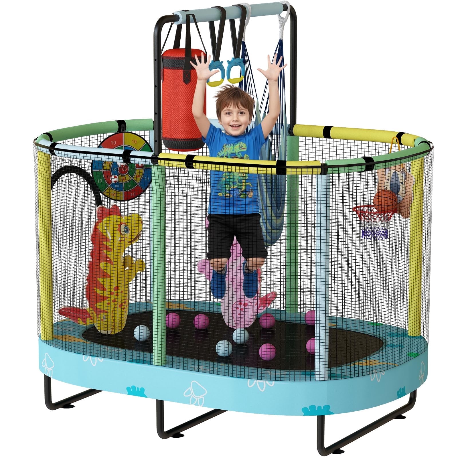 LinkRomat 7-in-1 60" Elliptic Trampoline for Kids, 500lbs Capacity Toddler Trampoline with Enclosure, Adjustable Height Handrail & Durable Designs for Boys & Girls, Indoor & Outdoor