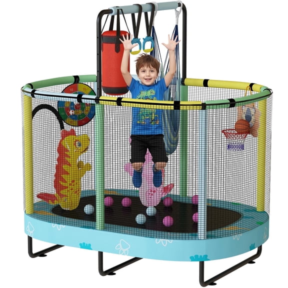 LinkRomat 7-in-1 60" Elliptic Trampoline for Kids, 500lbs Capacity Toddler Trampoline with Enclosure, Adjustable Height Handrail & Durable Designs for Boys & Girls, Indoor & Outdoor