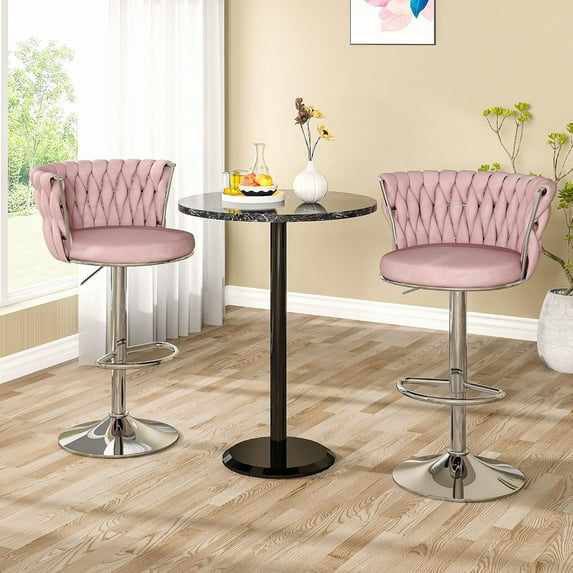 LinkRomat Bar Stools Set of 2, Counter Height Adjustable Bar Chairs with Back, Kitchen Bar Stools, Swivel Bar Stool Upholstered Bar, Pink