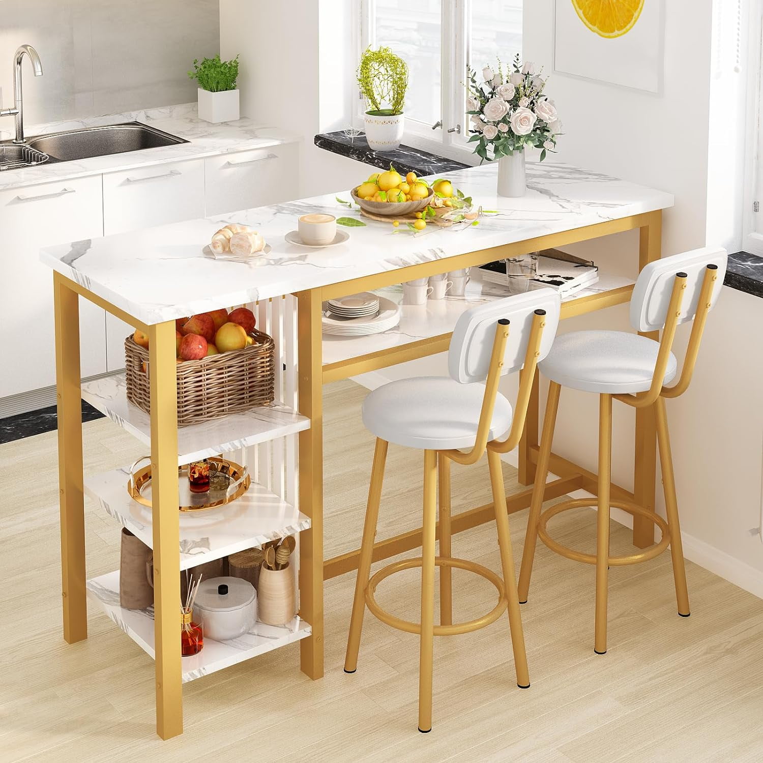 LinkRomat Bar Table and Chairs Set for 2, Marble Kitchen Island Table ...