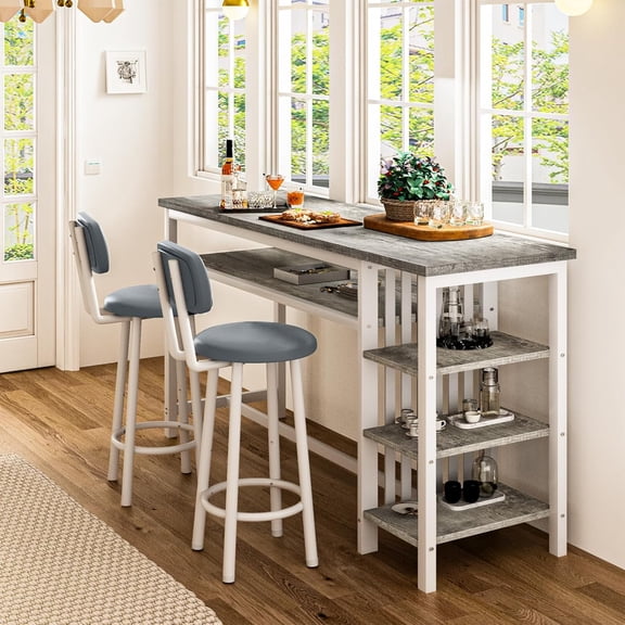 LinkRomat Bar Table and Chairs Set for 2, Marble Kitchen Island Table with 2 PU Bar Stools, Tall Kitchen Table and Chairs with Storage for Small Spaces, Home & Apartment, Gray