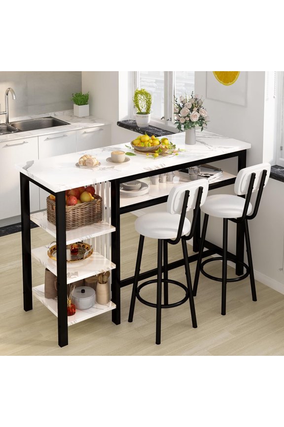 Bar Table and Chairs Set for 2, Marble Kitchen Island Table with 2 PU Bar Stools, Tall Kitchen Table and Chairs with Storage for Small Spaces, Home & Apartment, White