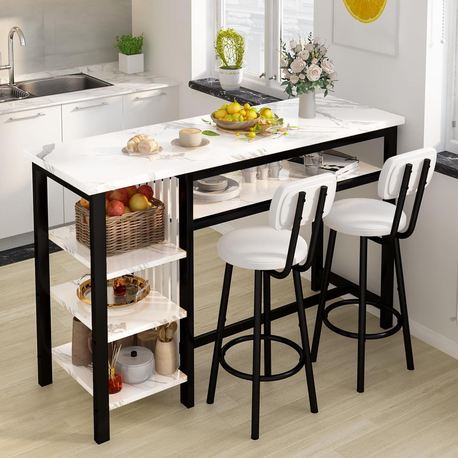 LinkRomat Bar Table and Chairs Set for 2, Marble Kitchen Island Table ...