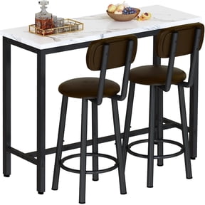 LinkRomat Bar Table Set,39.3" Bar Height Pub Table with 2 Upholstered Stools,Faux Marble Top Small Dining Set,Compact Kitchen Table for Small Spaces