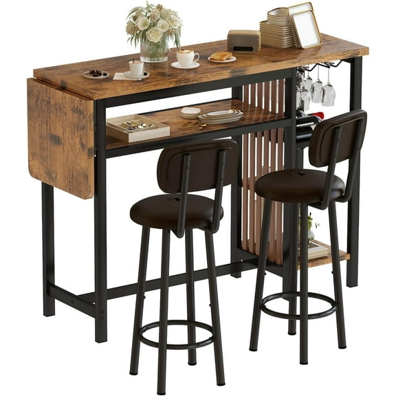 LinkRomat Bar Table Set, Modern Kitchen Dining Table with 4 Storage Shelves and 2 PU Back Stools for Kitchen and Breakfast Nook, Expandable 59 Inch