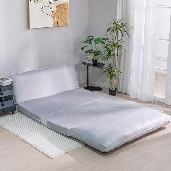 LinkRomat Bean Bag Bed, 54" Foldable Floor Mattress with Faux Fur Washable Cover, Large MultiFunctional Sofa Bed for Living Room & Bedroom, Gray