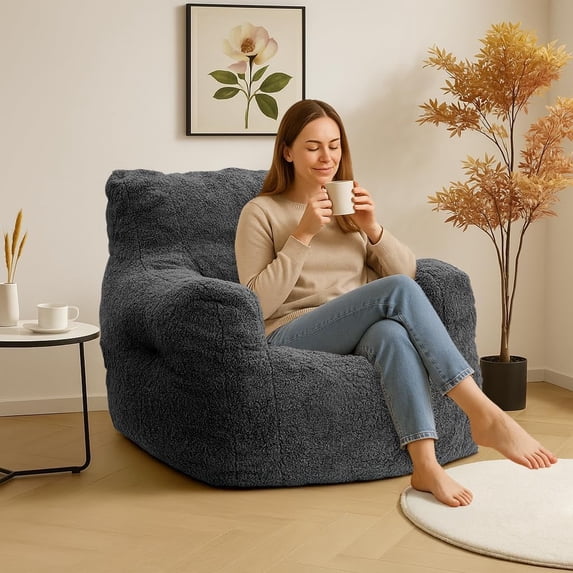 LinkRomat Bean Bag Chair, Bean Bag Sofa with Tufted Soft Stuffed Filling, Fluffy and Lazy Sofa with Premium Memory Foam Filler for Living Room, Bedroom, Dorm,Black