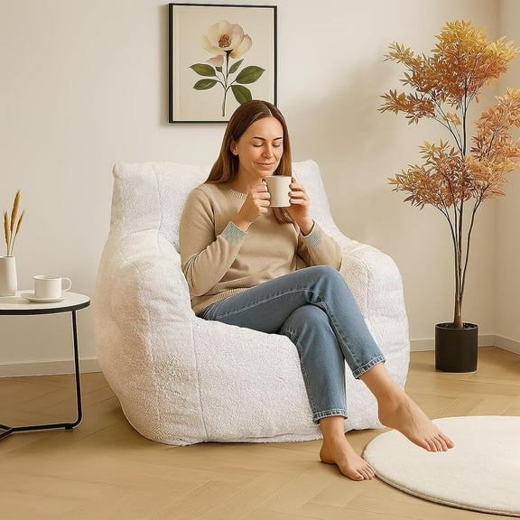 LinkRomat Bean Bag Chair, Bean Bag Sofa with Tufted Soft Stuffed Filling, Fluffy and Lazy Sofa with Premium Memory Foam Filler for Living Room, Bedroom, Dorm,White