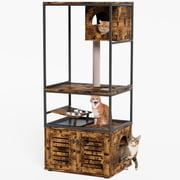LinkRomat Cat Tree with Litter Box Enclosure,3 Level Tree with Elevated Feeding Bowl,Scratching Posts,Kitty Condo,All-in-1 Cat Litter Box Enclosure