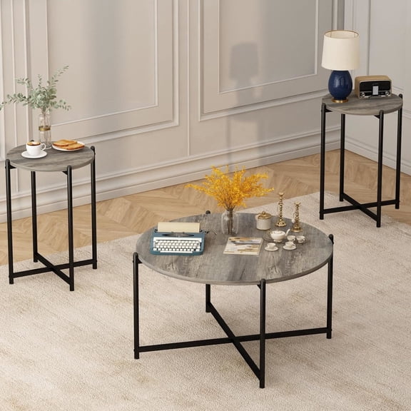 LinkRomat Coffee Table Set of 3, Round Coffee Table and End Table Sets, Living Room Table Set with Metal Cross Base Frame, Grey & Black