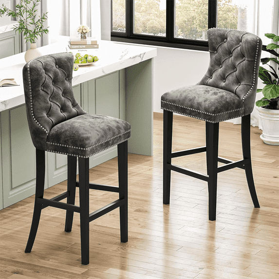 LinkRomat Counter Height Bar Stools Set of 2, 27''H Velvet Tufted Bar Stools with Back, Upholstered Leisure Style Bar Chairs for Kitchen Island, Dining Room, Pub(Light Grey)