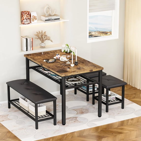 LinkRomat Dining Room Table Set for 4, 4-Piece Table Set with Upholstered Bench & 2 Short Stools, Rectangular Kitchen Table Set with Storage Rack
