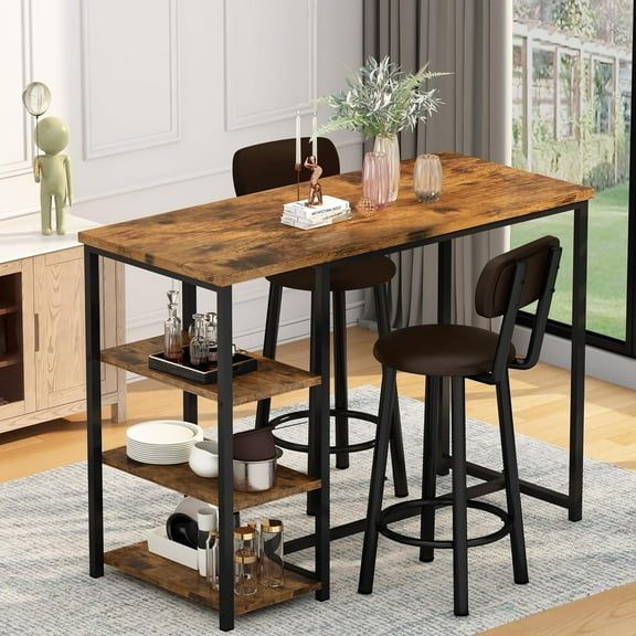 LinkRomat Dining Table Set for 2,3 Piece Pub Table and Chairs Set with Storage Shelves, Small Space Bistro Kitchen & Bar Tables, Counter Height Dining Set, Brown