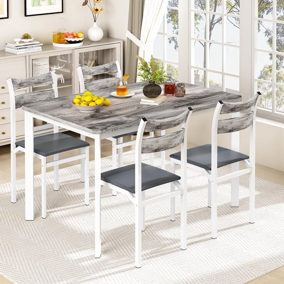 LinkRomat Dining Table Set for 4, 43.3" Dining Room with 4 Upholstered PU Leather Chairs,5-Piece Dinette Breakfast Nook, Modern Wood Table and Chairs Set,Small Places,Grey
