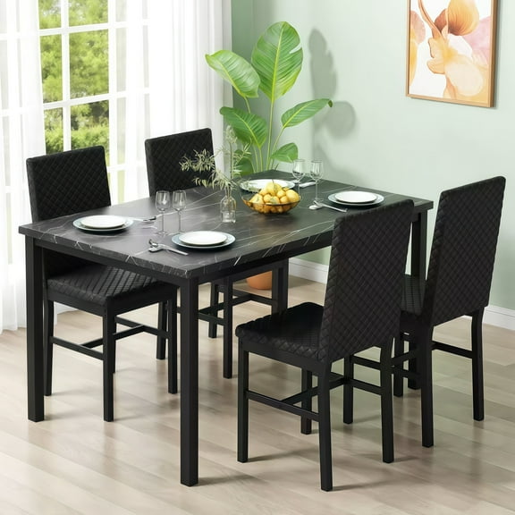 LinkRomat 5 Pieces Dining Table Set for 4, Small Dining Room Sets with Faux Marble Table & Velvet Chairs, Kitchen Table Set with Chair for 4, Black