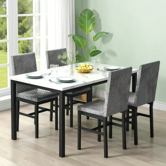 LinkRomat 5 Pieces Dining Table Set for 4, Small Dining Room Sets with Faux Marble Table & Velvet Chairs, Kitchen Table Set with Chair for 4, Gray