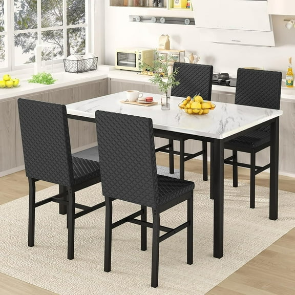LinkRomat 5 Pieces Dining Table Set for 4, Small Dining Room Sets with Faux Marble & Velvet Chairs, White Kitchen Table Sets with Chairs for 4