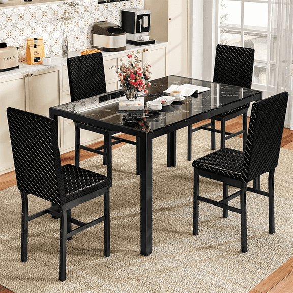 LinkRomat Dining Table Set for 4, Faux Marble Kitchen Glass Table and 4 PU Leather Upholstered Chairs for Dining Room, Modern Coffee Dinette, Compact Space